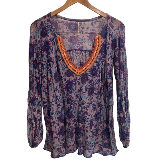 Free People Tops - Free People Purple Floral Blouse with Orange Accents
